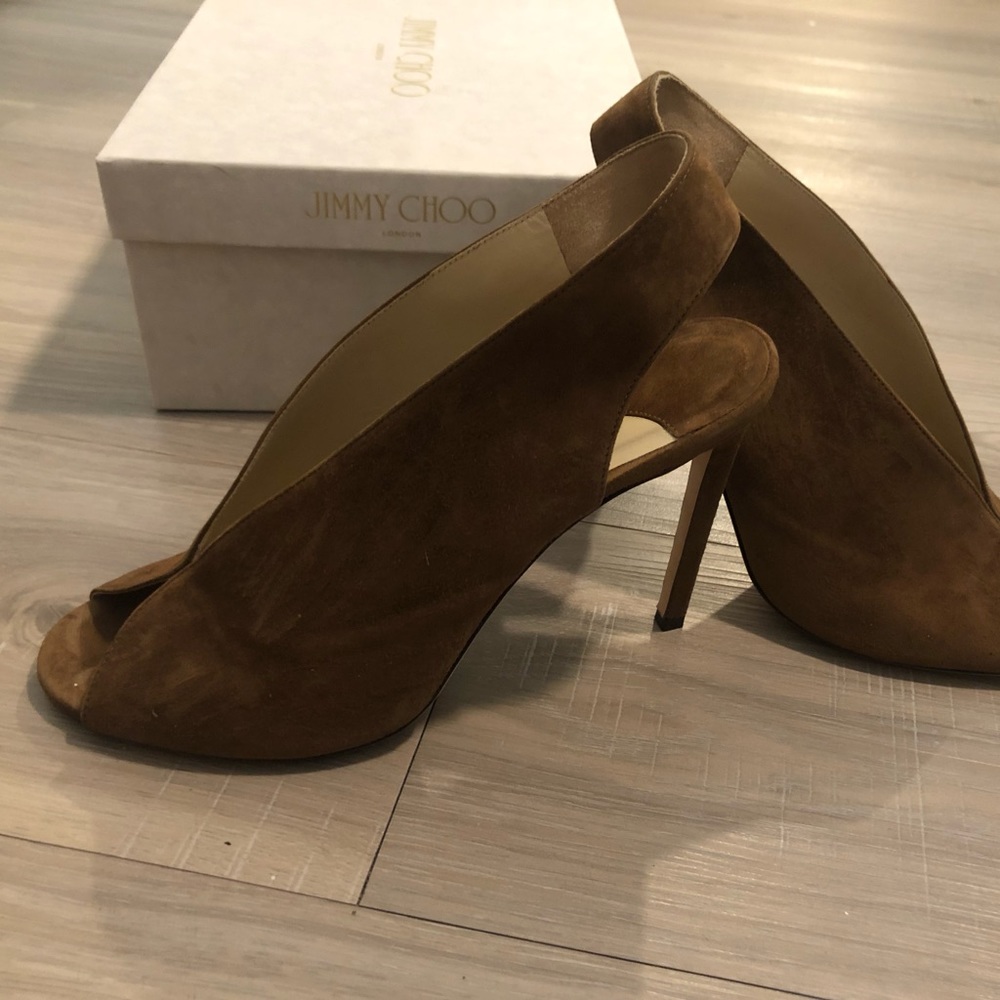 Jimmy Choo Shar 100 Brown Suede Sandal Heels